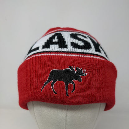 Alaska Polarwear Men's Knit Beanie Hat Cap Red White Embroidered Moose Logo