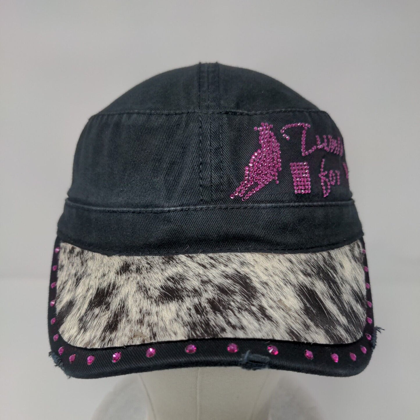 Otto Strapback Cadet Army Cap Hat Black OSFM Adjustable Rhinestone