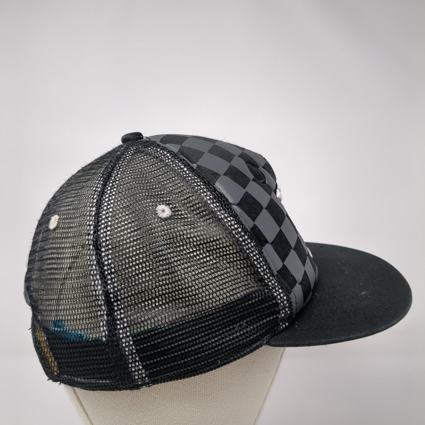 Domo Domo-Kun Snapback Mesh Back Hat Black Gray Checkered Mouth Foam
