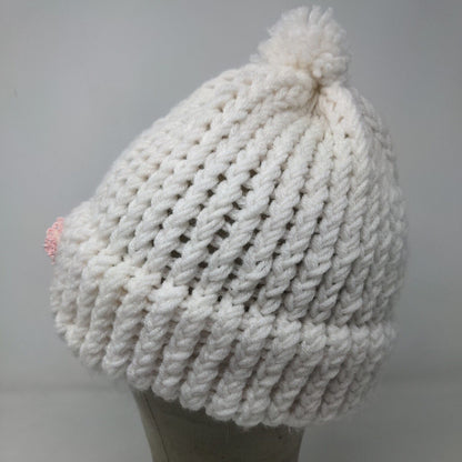 Grandma Bonnie Tender Loving Care Women's Knit Beanie Hat White Flower Accent