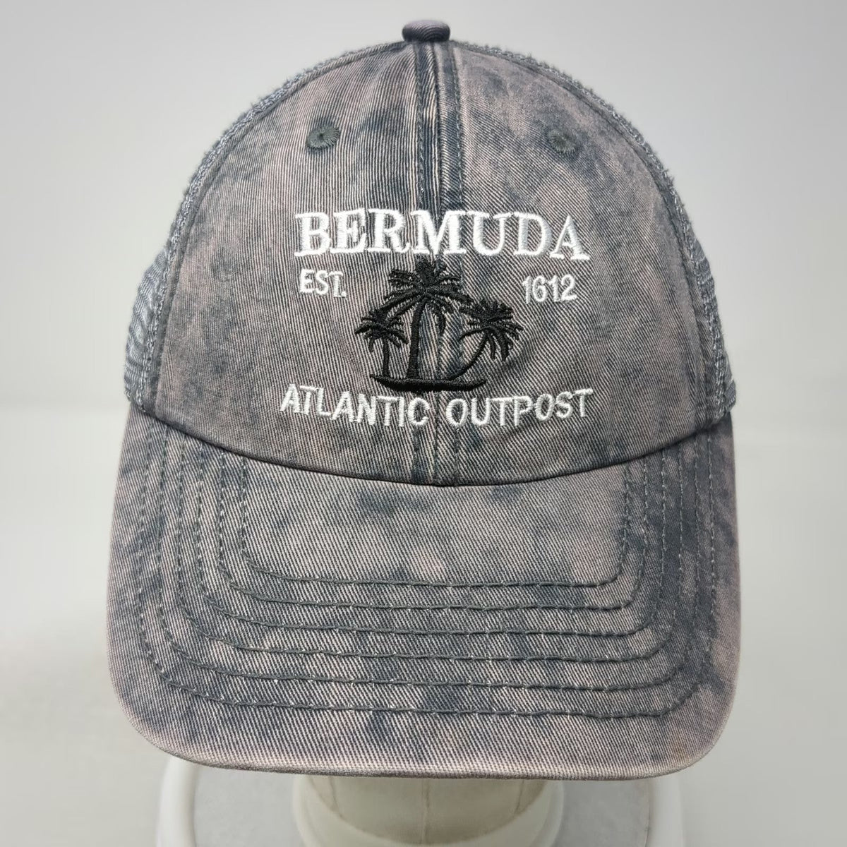 Royal Resortwear Trucker Hat Gray One Size Bermuda Atlantic Outpost Palm Trees