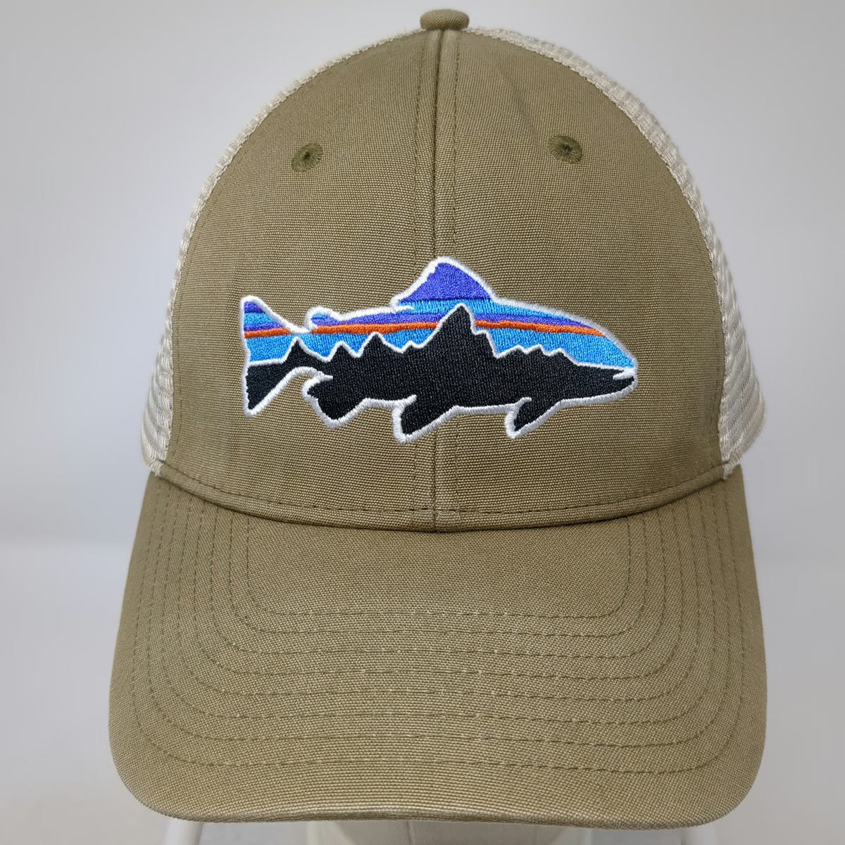 Patagonia Trucker Hat Brown One Size Mesh Back Fitz Roy Trout Fish Logo Snapback