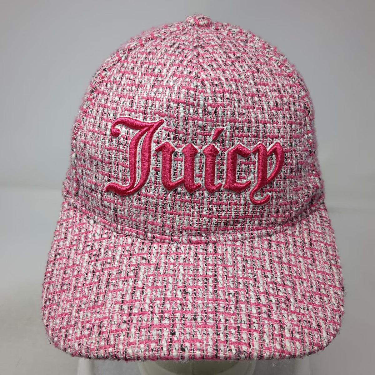 Juicy Couture 5 Panel Pink One Size Tweed Embroidered Logo Woven Strapback Hat
