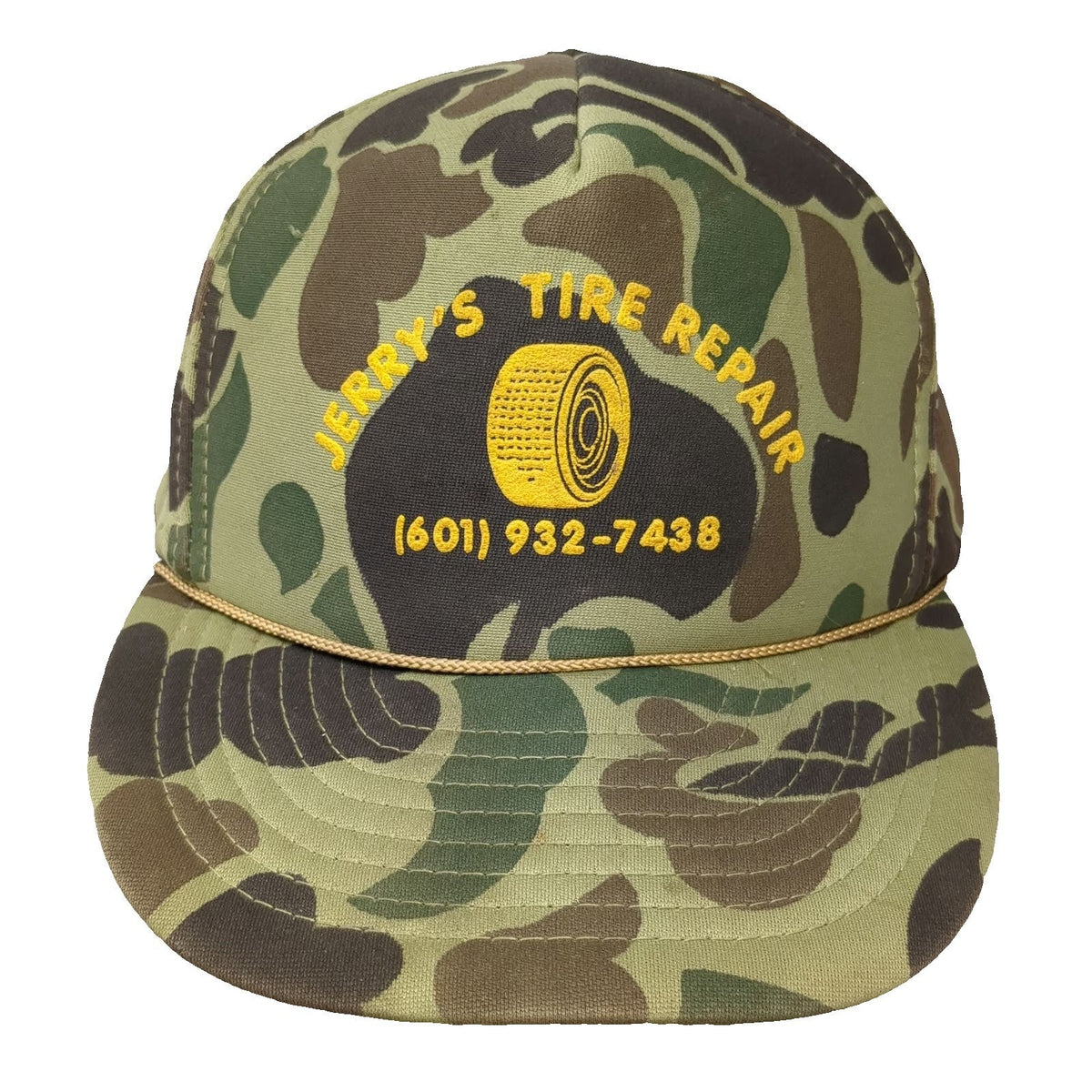 OTTO 5 Panel Green Yellow Camo Jerry's Tire Repair One Size Rope Snapback Hat