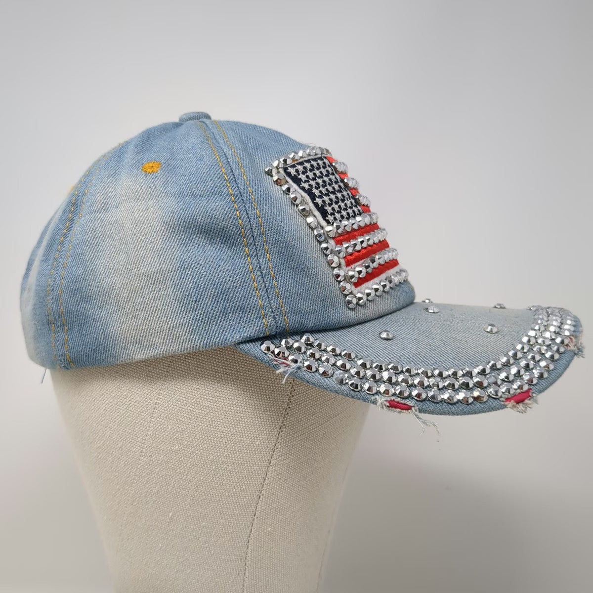 Baseball Cap Blue One Size Rhinestone American Flag Studded Jeweled Denim Hat