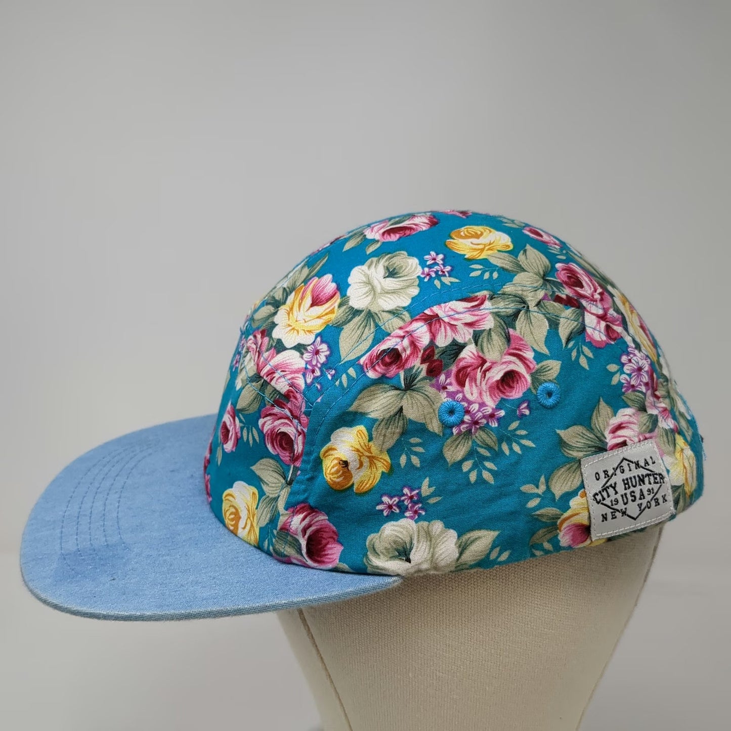 City Hunter 5 Panel Blue Floral Hat Denim Brim One Size Strapback Cotton NY Logo