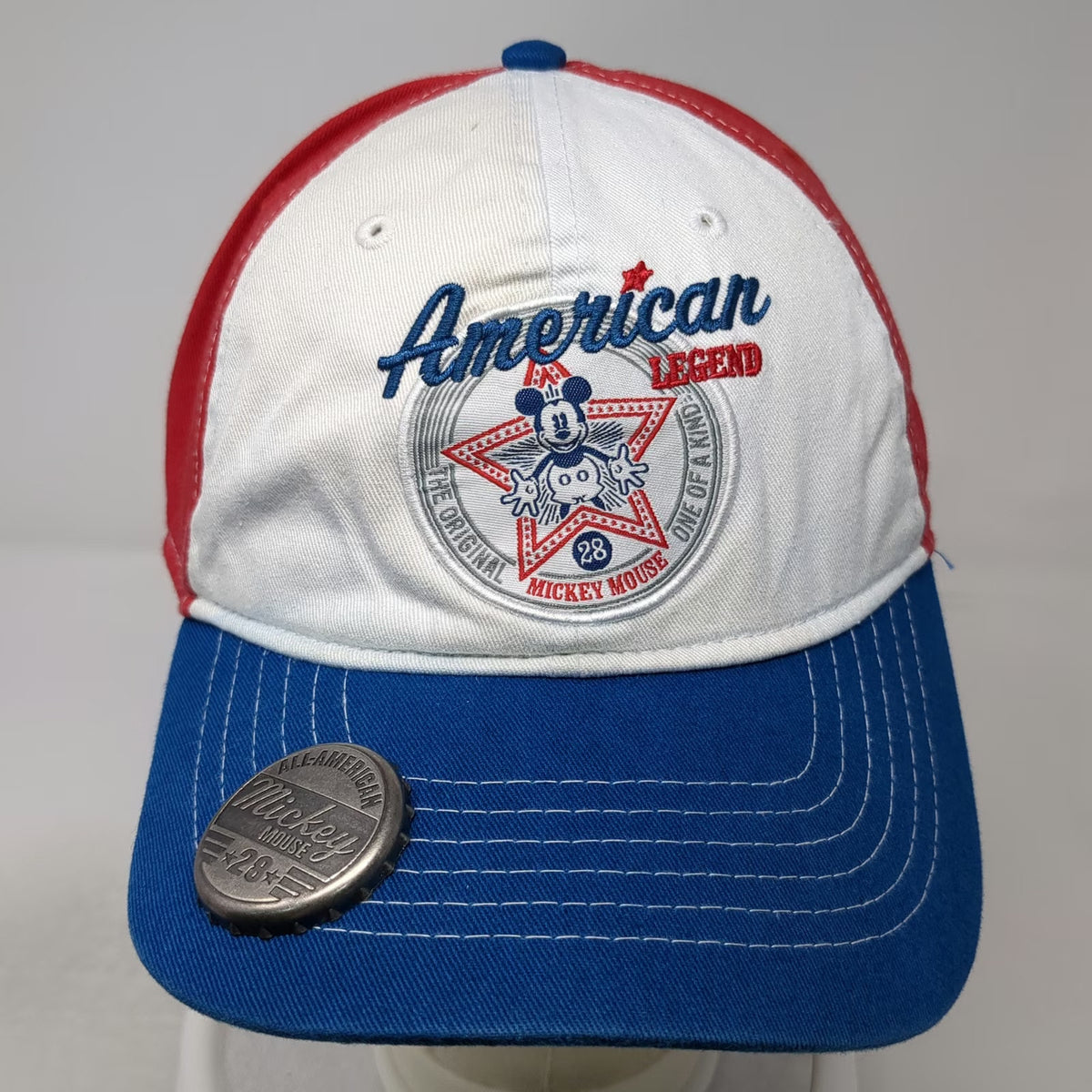Disney Parks Baseball Cap White One Size Mickey Mouse Bottle Opener Red Blue Hat