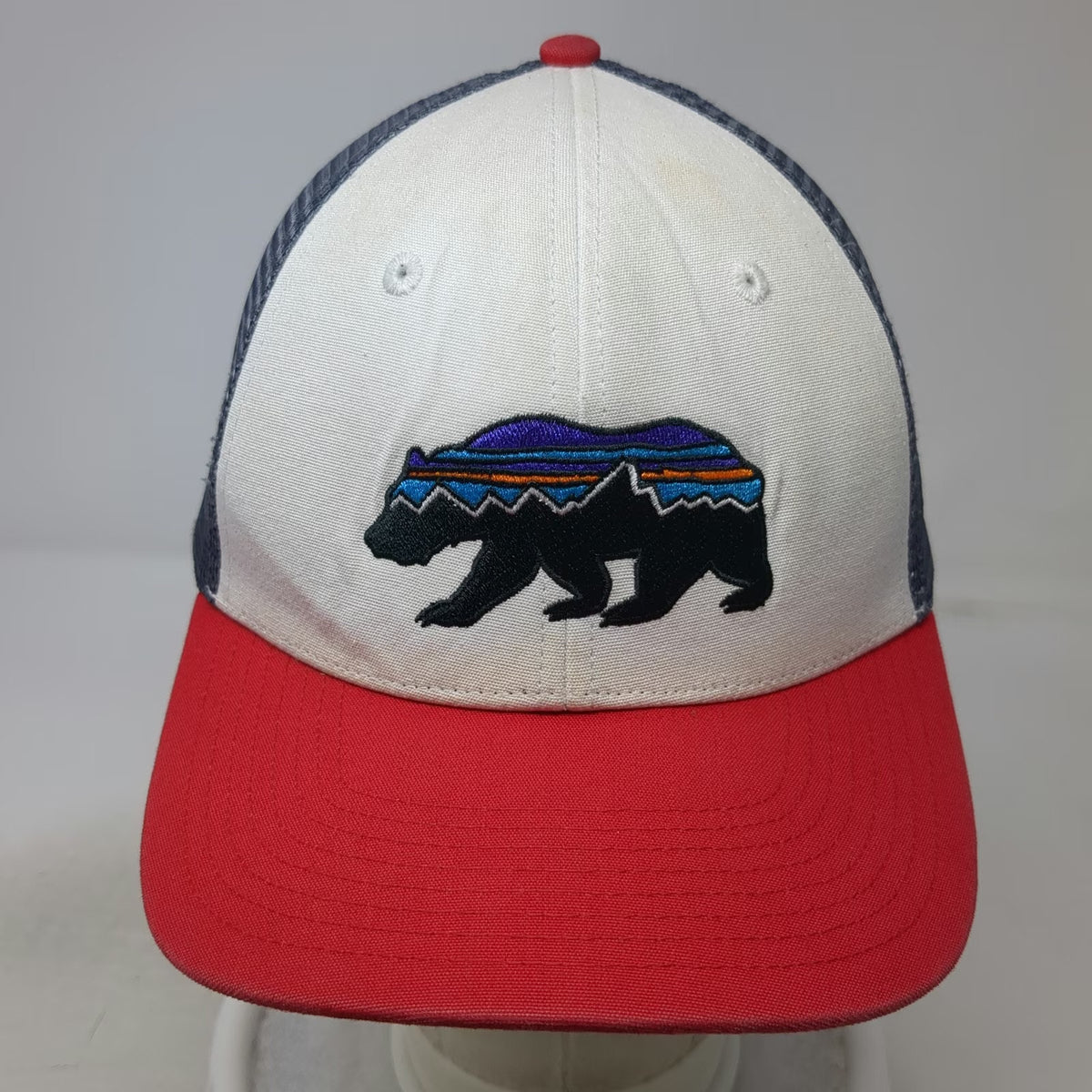 Patagonia Trucker Hat White Red Blue One Size Bear Logo Snapback Mesh Sun Hat
