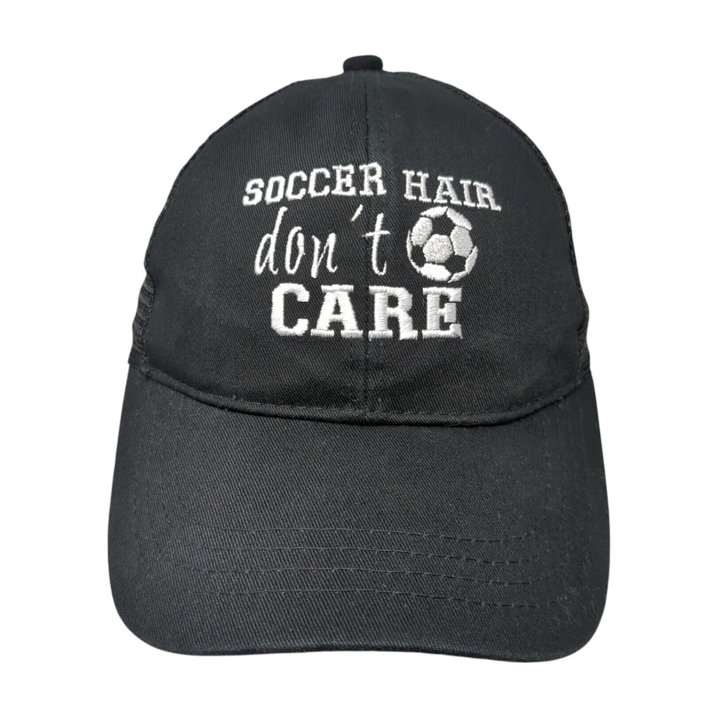 Soccer Hair Don't Care Strapback Trucker Hat Black One Size Ponytail