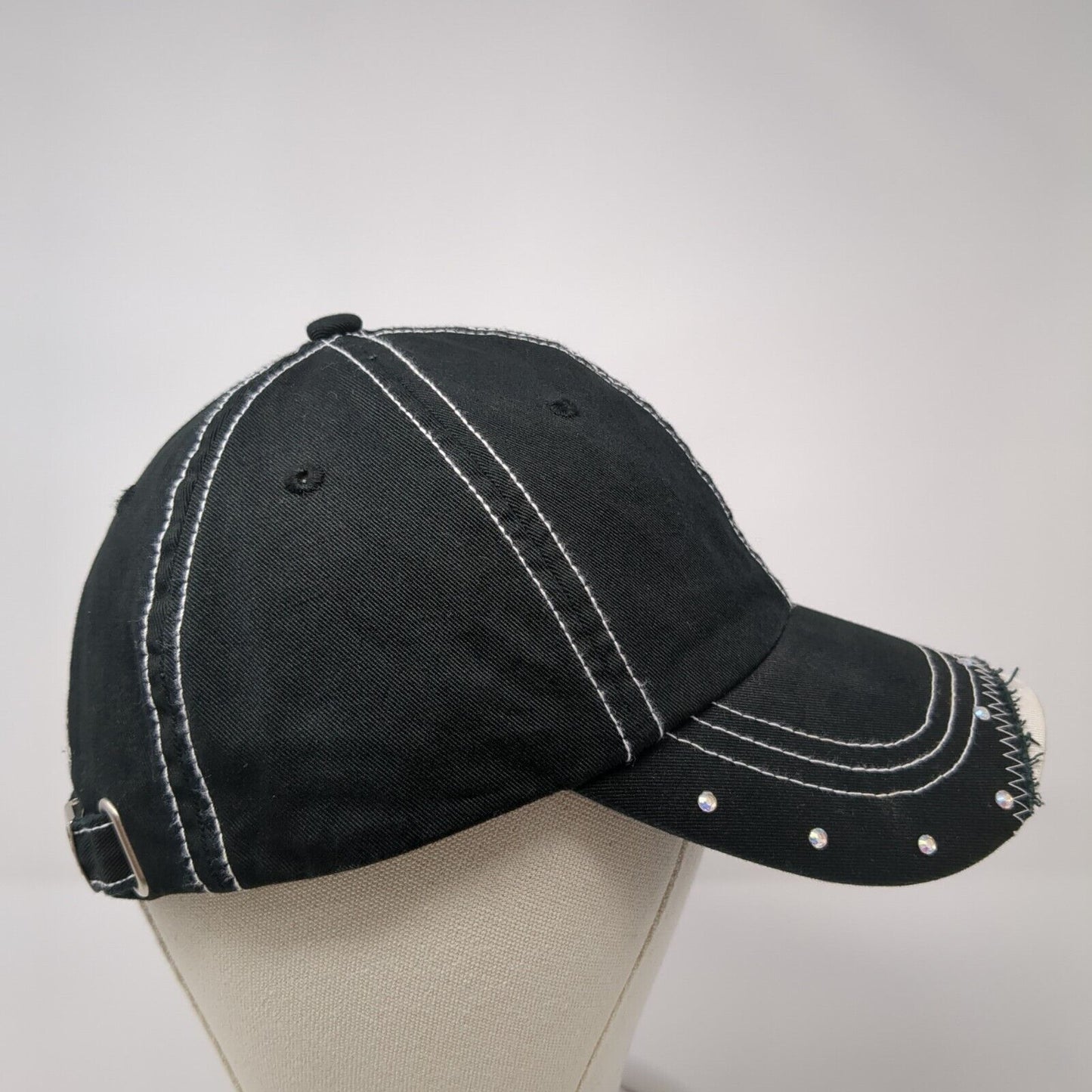 Marigold Caps Slideback Hat Black One Size Adjustable Rhinestone Distressed