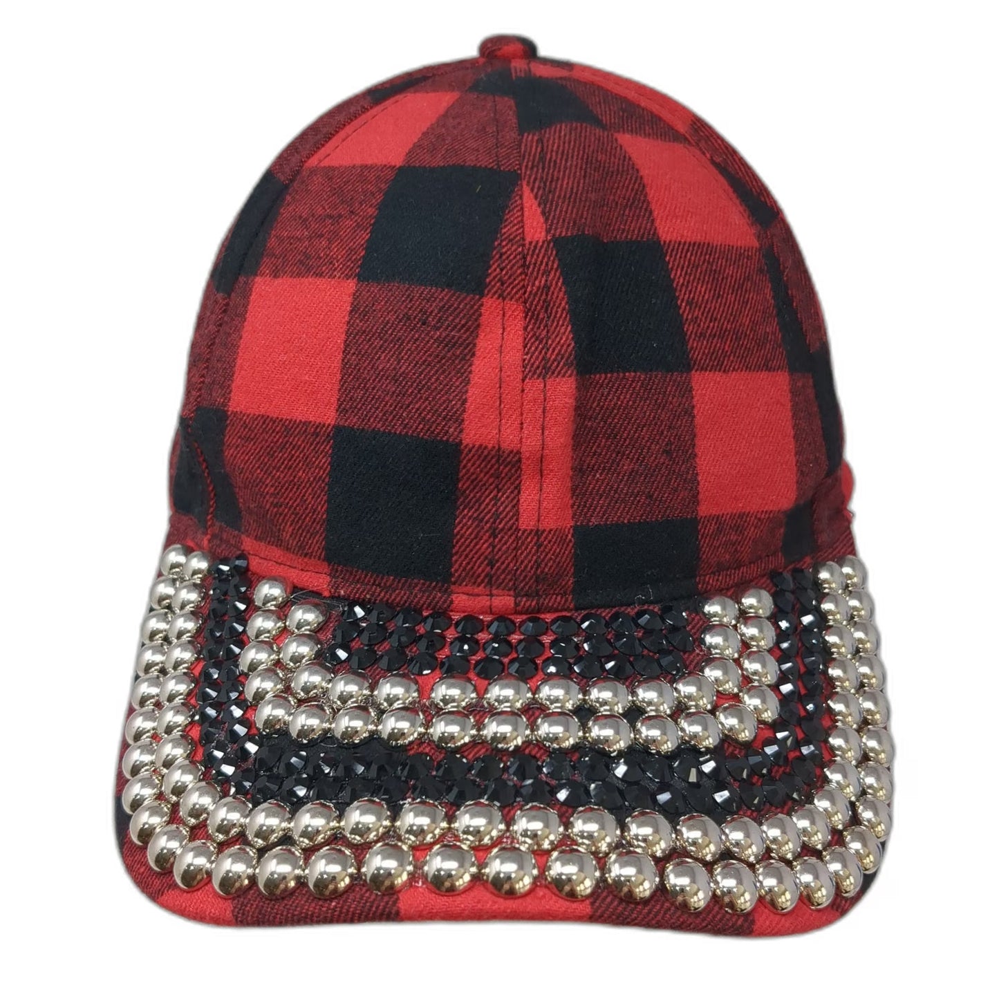 Ashley Stewart Baseball Cap Red Black Plaid One Size Studded Rhinestones Hat