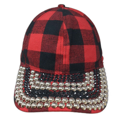 Ashley Stewart Baseball Cap Red Black Plaid One Size Studded Rhinestones Hat