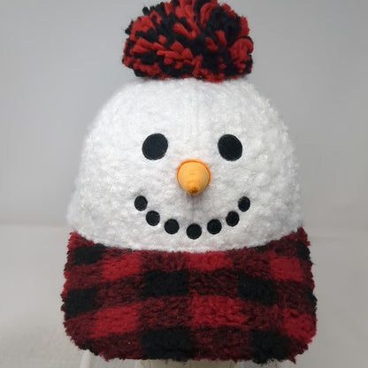 Holiday Time Snowman Sherpa Baseball Cap White Red Buffalo Plaid One Size Hat