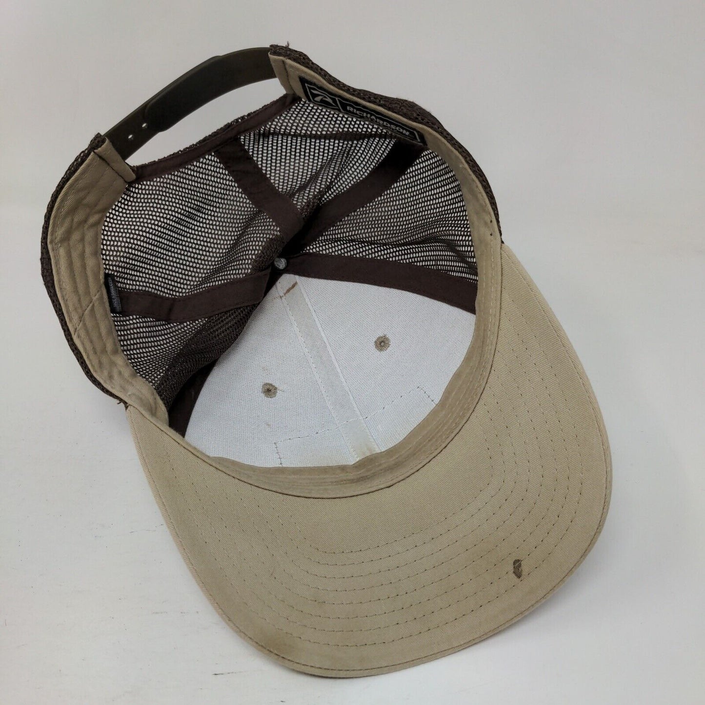 607 Sports Snapback Mesh Back Trucker Hat Tan One Size Leather Patch