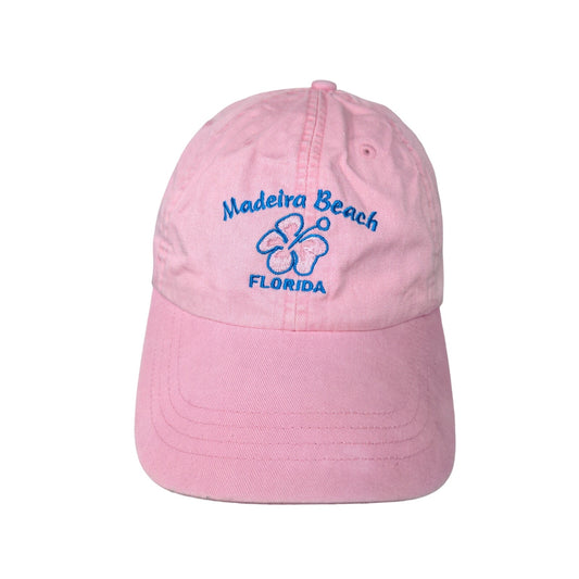 Maderia Beach, FL Strapback Hat Pink Flower Embroidered Spell Out