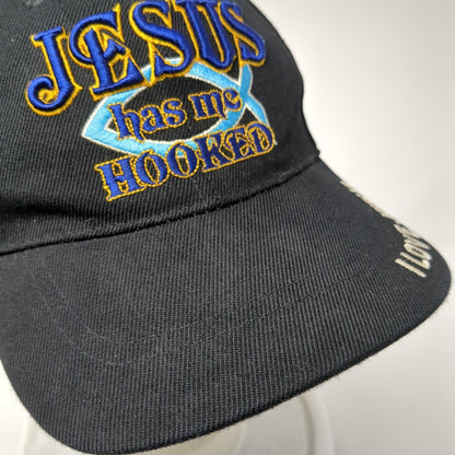 Jesus Has Me Hooked Strapback Hat Black One Size Embroidered 6 Panel