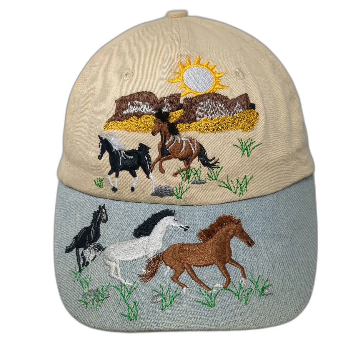 Baseball Cap Beige OS Horse Embroidery Denim Brim Strapback Hat Western Nature