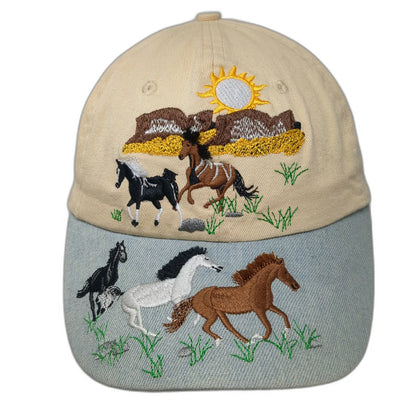 Baseball Cap Beige OS Horse Embroidery Denim Brim Strapback Hat Western Nature