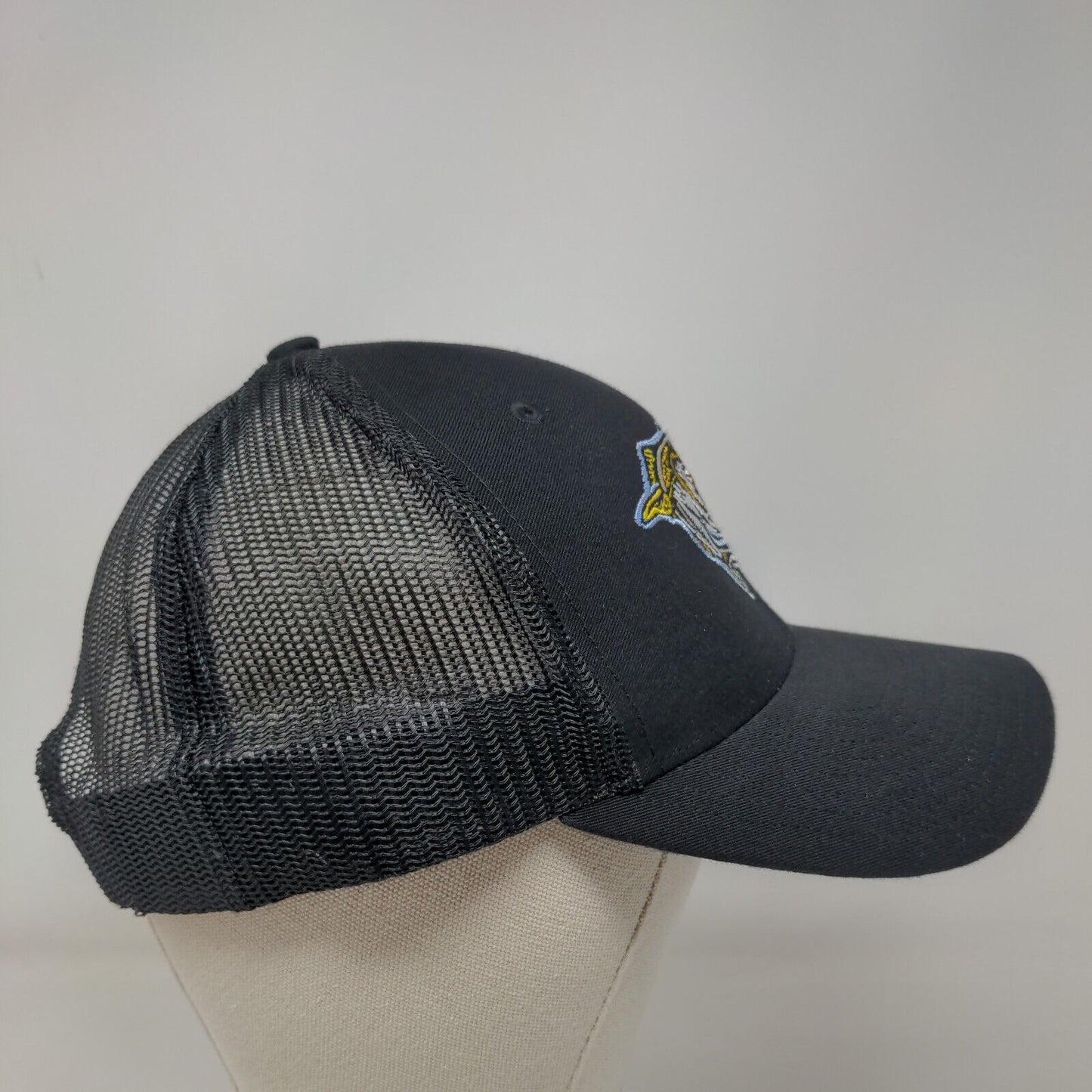 UFL Snapback Mesh Back Trucker Hat Black Adjustable Embroidered Fish Logo