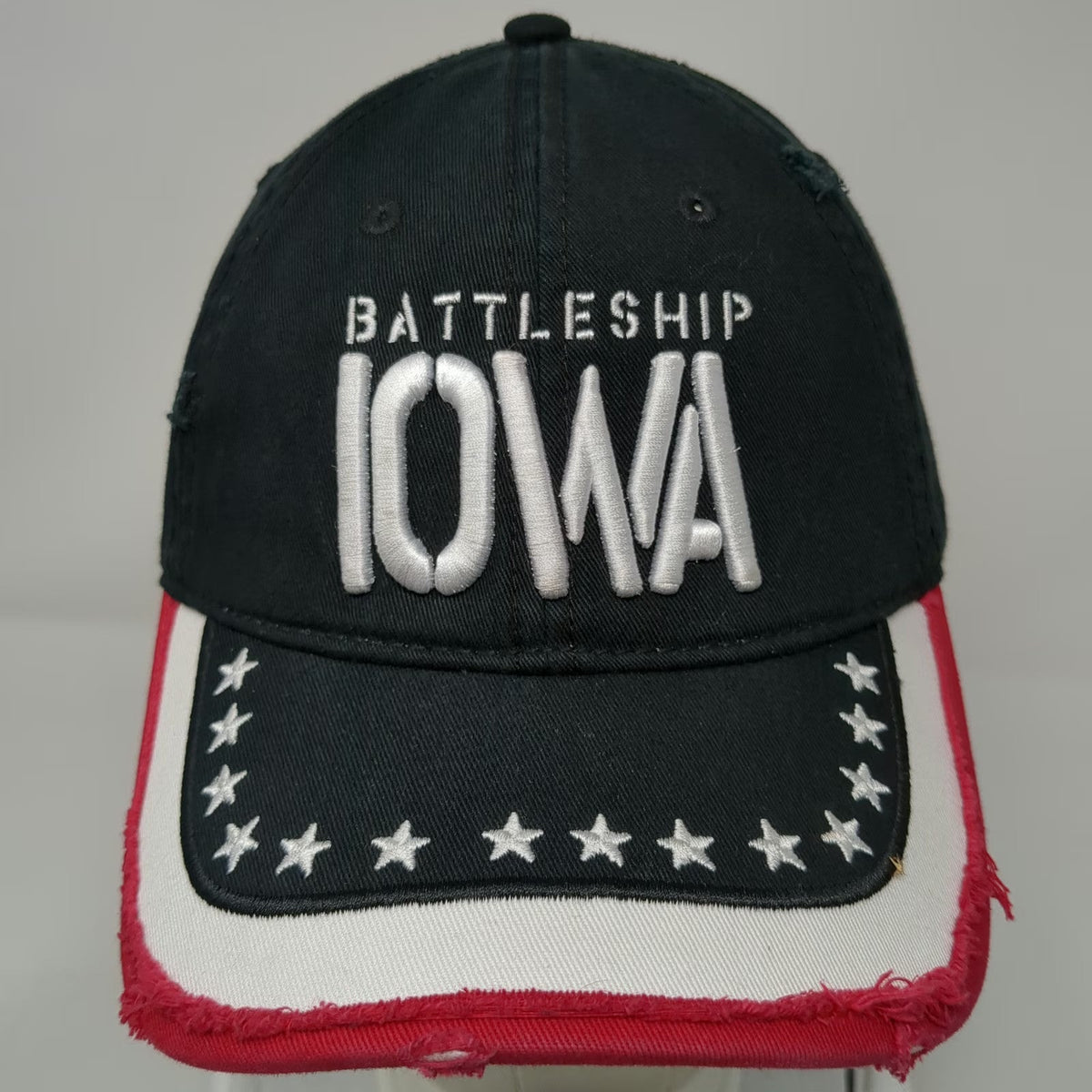 Battleship Iowa Baseball Cap Black OSFM Distressed Brim Stars Embroidered Hat