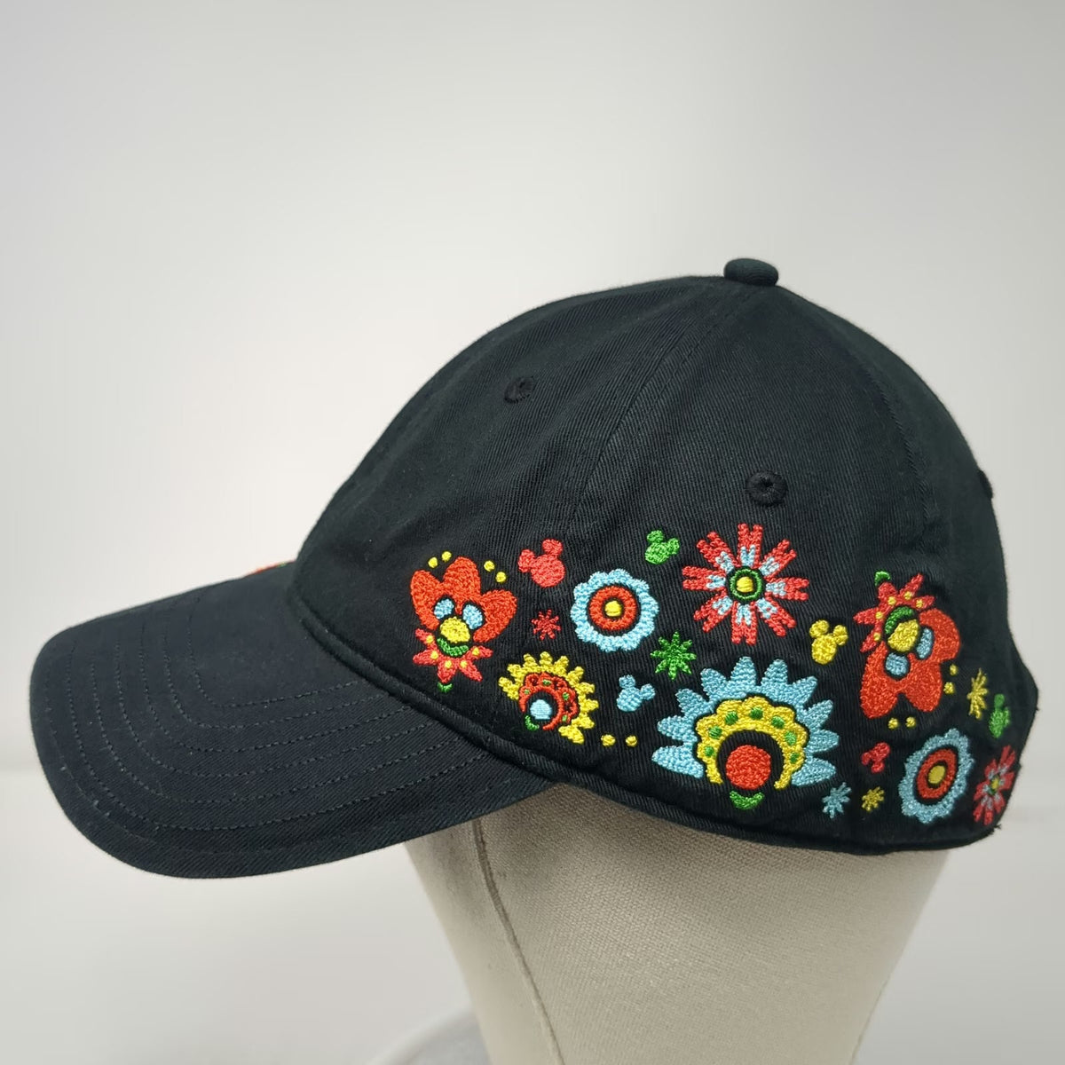 Disney Baseball Cap Black One Size Floral Embroidery Hidden Mickey Mouse Hat