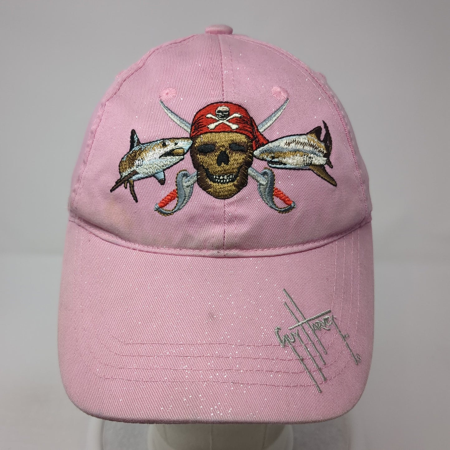 Guy Harvey Pirate Shark Strapback Hat Pink One Size Adjustable Outdoor