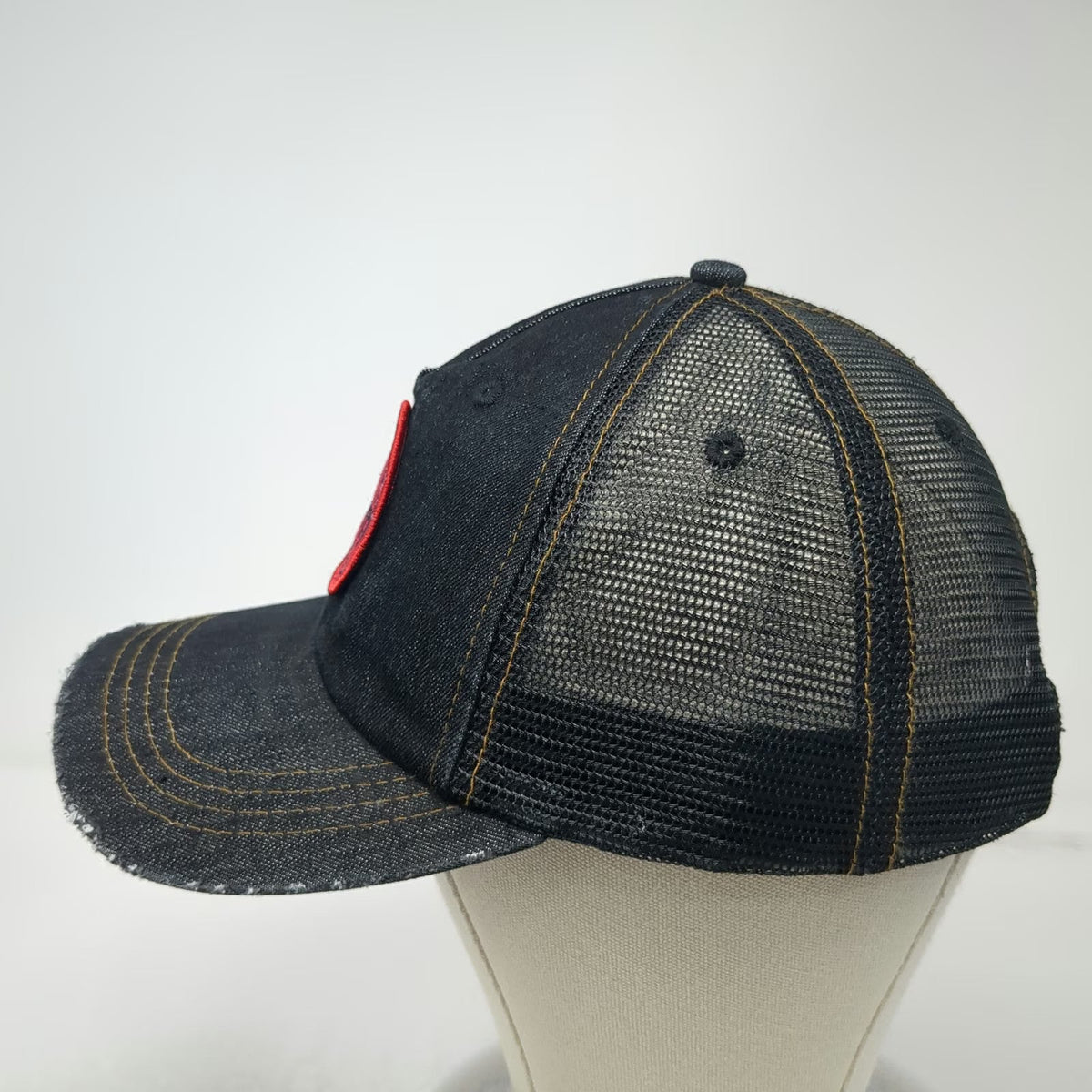 Von Dutch Trucker Hat Black One Size Distressed Denim Patch Snapback Mesh