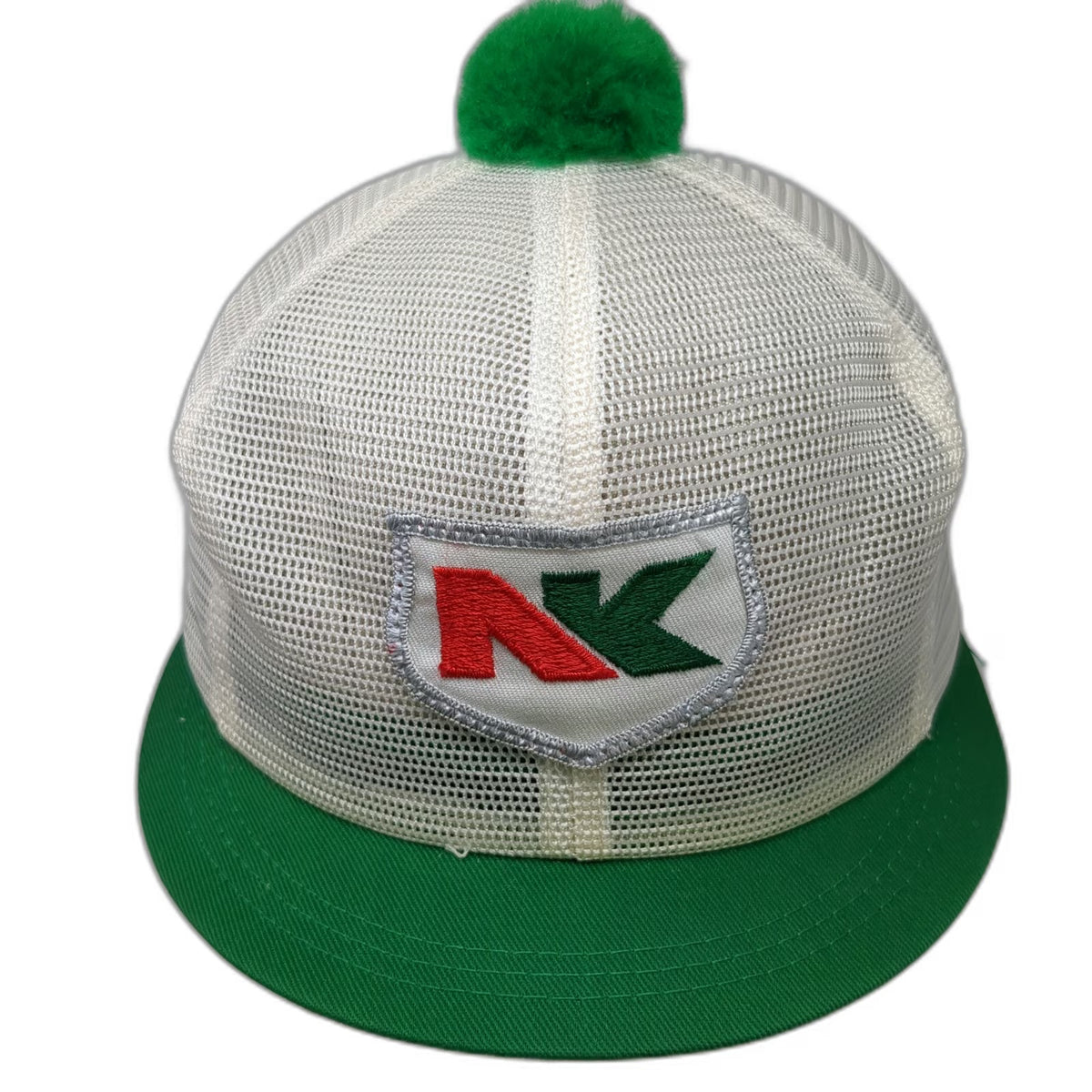 HNK Trucker Hat White Green Pom Pom NK Shield Logo Mesh Snapback Farm Vintage