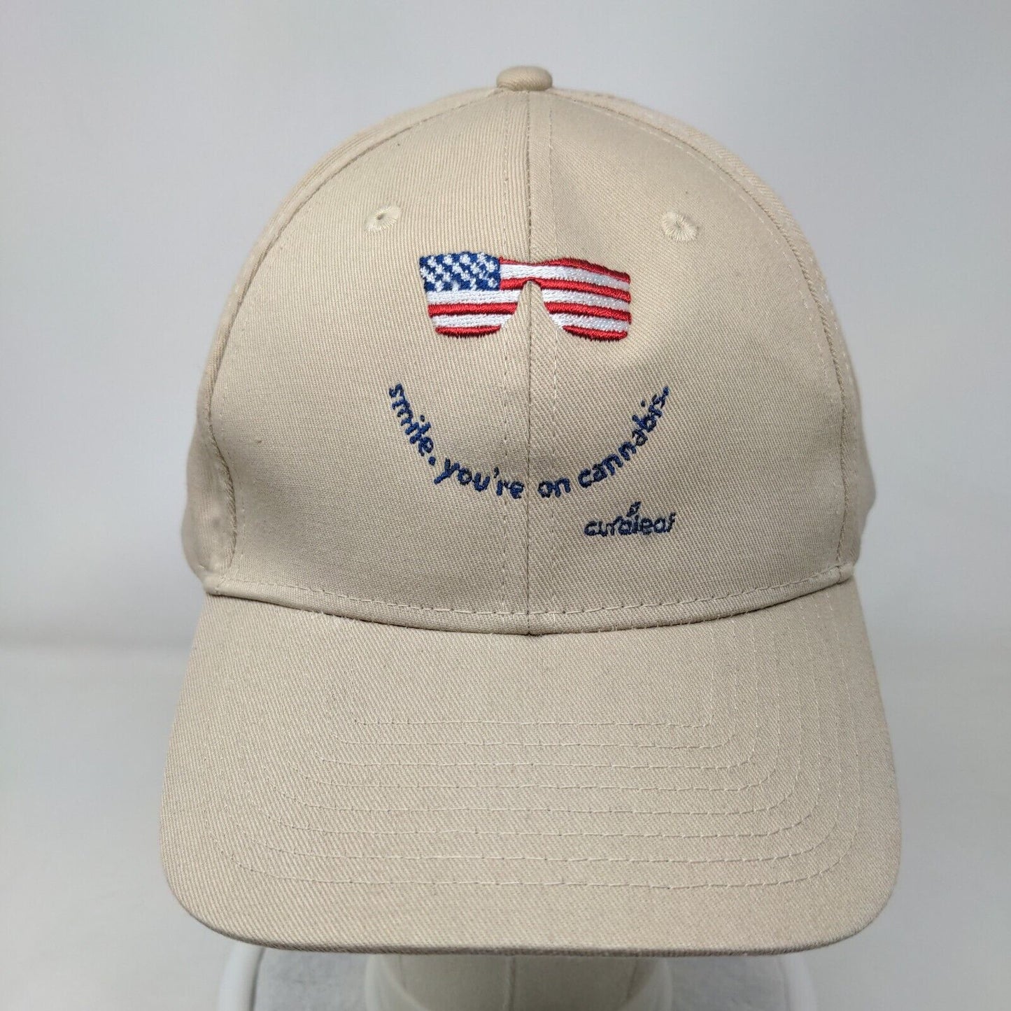 Smile You're On Cannabis Strapback Hat Tan OSFM Embroidered 6 Panel