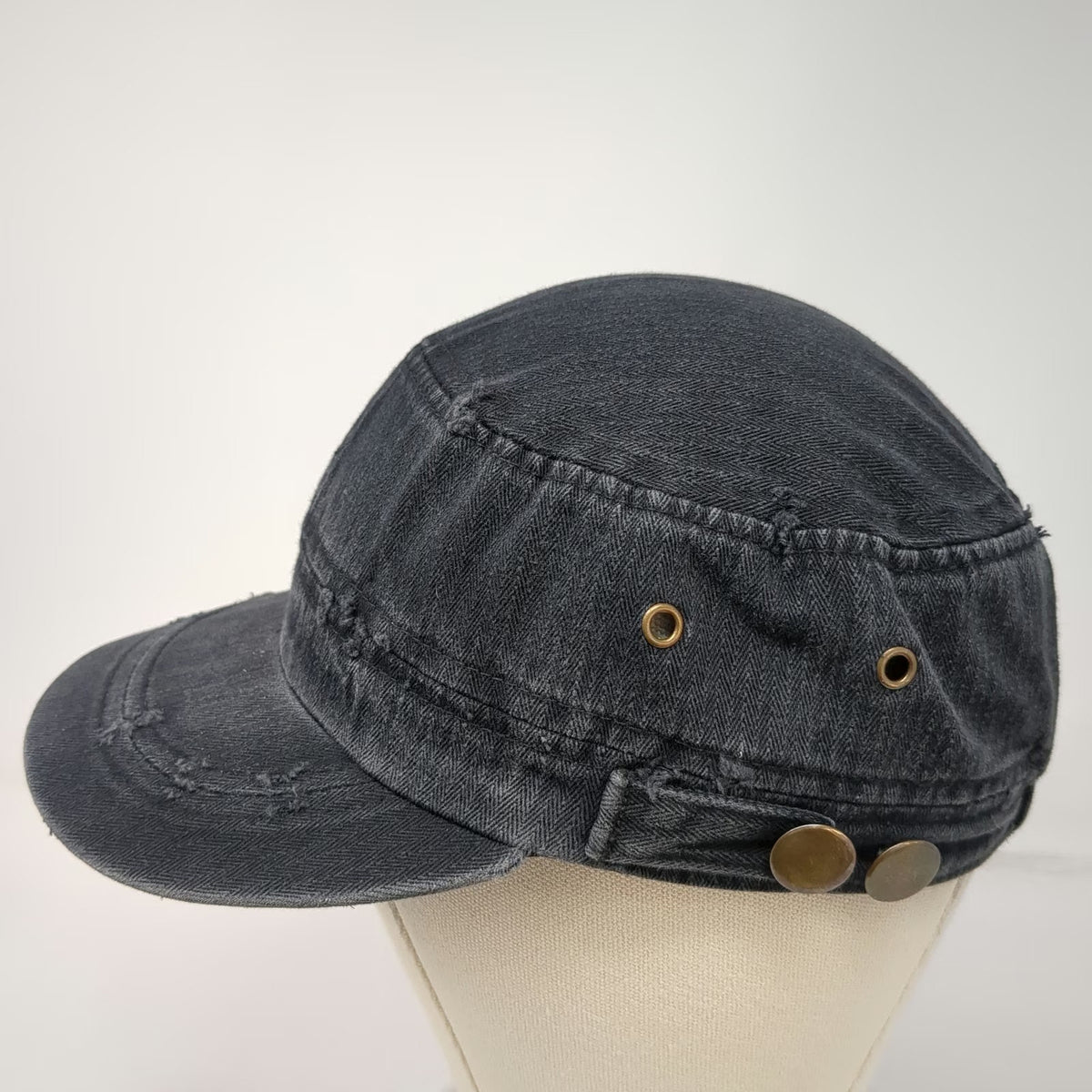Elastafit Army Cap Black One Size Herringbone Twill Side Buttons Eyelets Hat