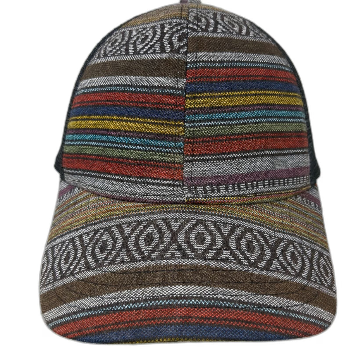 Trucker Hat Black Multi One Size Mesh Back Snapback Striped Woven Pattern Hat