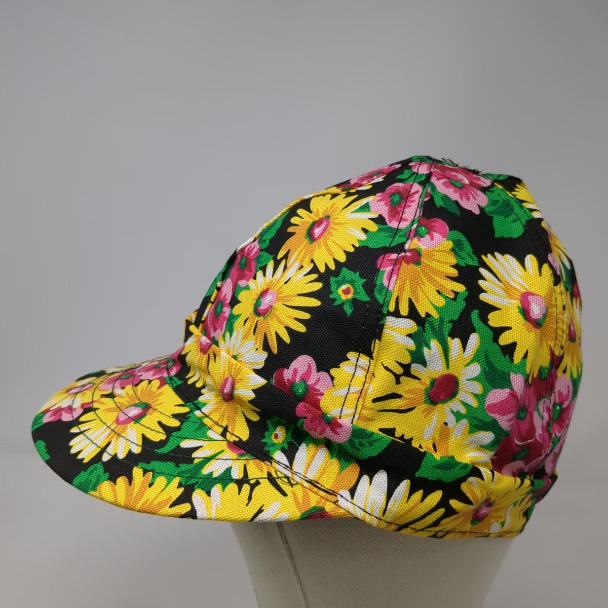 Kromer Baseball Cap Black Yellow Floral Print Hat Fitted 7 3/8 Made In USA