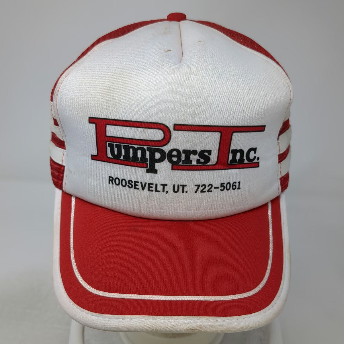 San Sun Trucker Hat Red White One Size Snapback Pumpers Inc Roosevelt UT Striped
