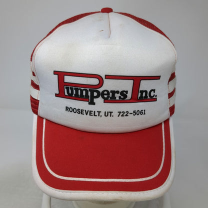 San Sun Trucker Hat Red White One Size Snapback Pumpers Inc Roosevelt UT Striped