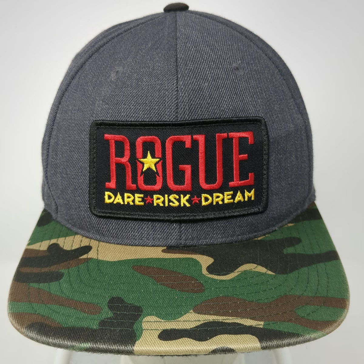 Rogue Fitness Snapback Hat Gray Green Brown Camo One Size Dare Risk Dream Patch