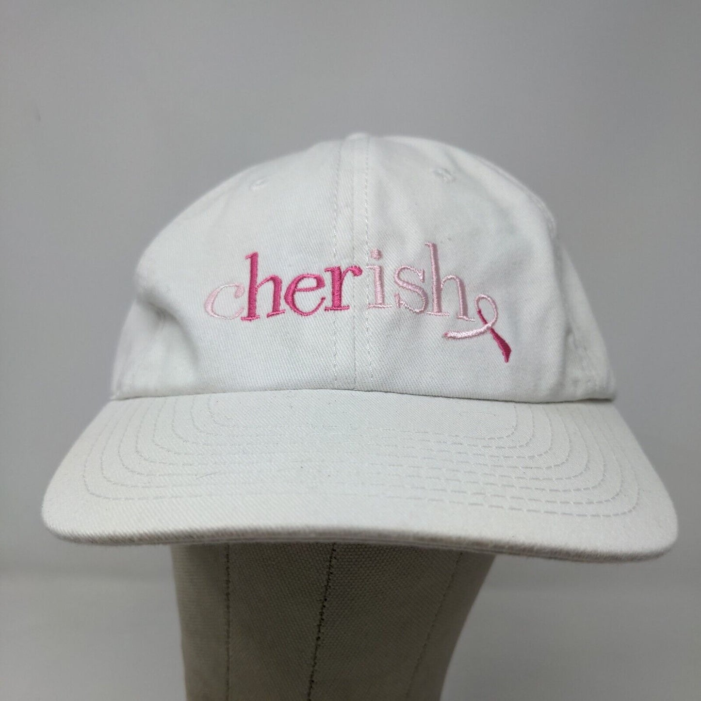 Cherish Women's Slideback Hat White Adjustable Embroidered Logo Breast Cancer