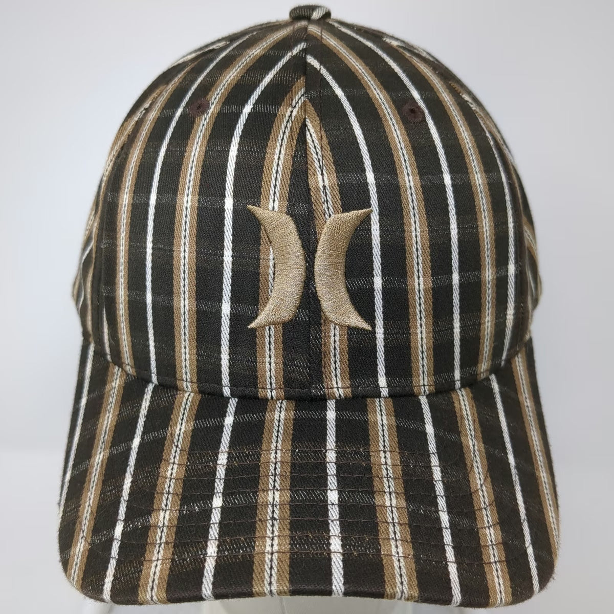 Hurley Baseball Cap Brown Gold White One Size Striped Flexfit Logo Fitted Hat