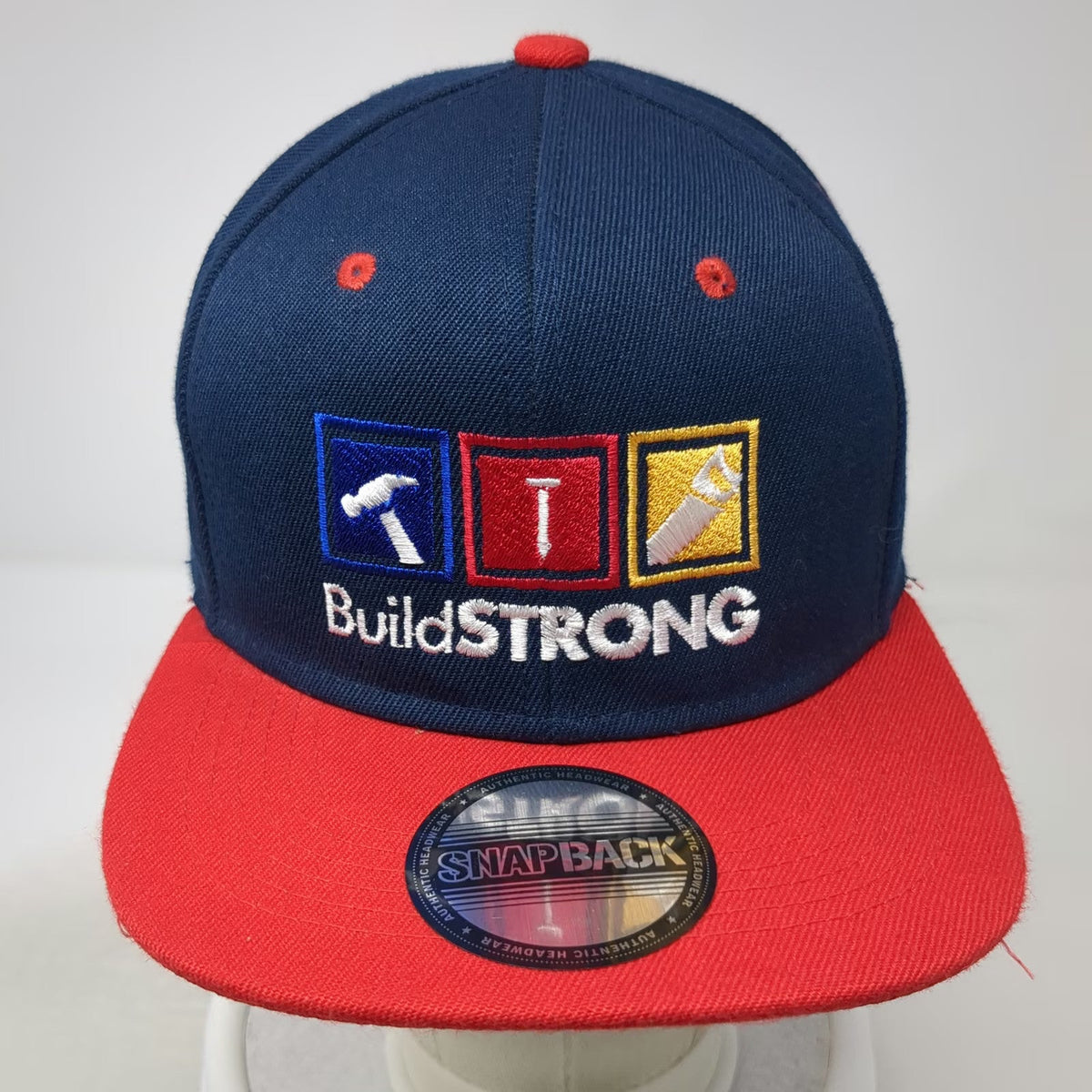 Blue Red Snapback Hat One Size BuildStrong Hammer Nail Saw Tools Construction
