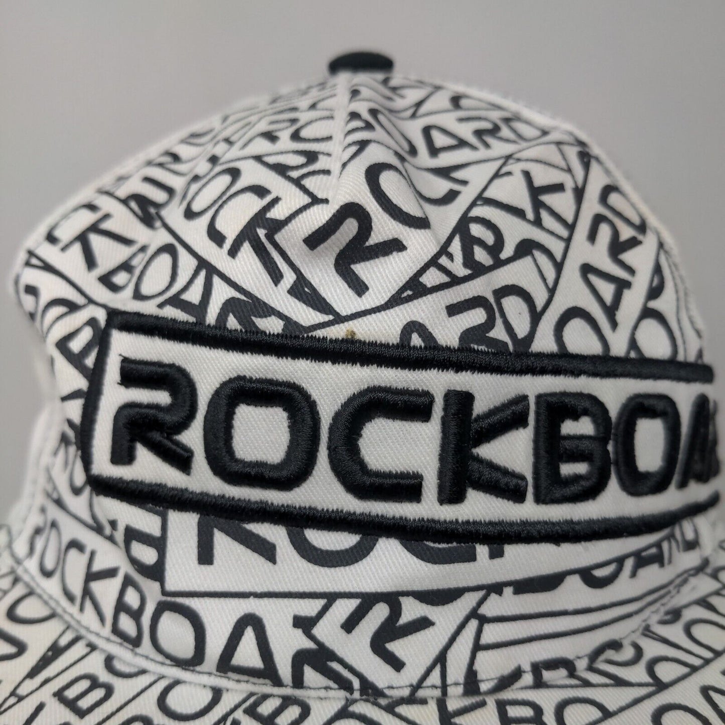 Rockboard Men's Strapback Hat White Black Embroidered All Over Print Logo Cotton