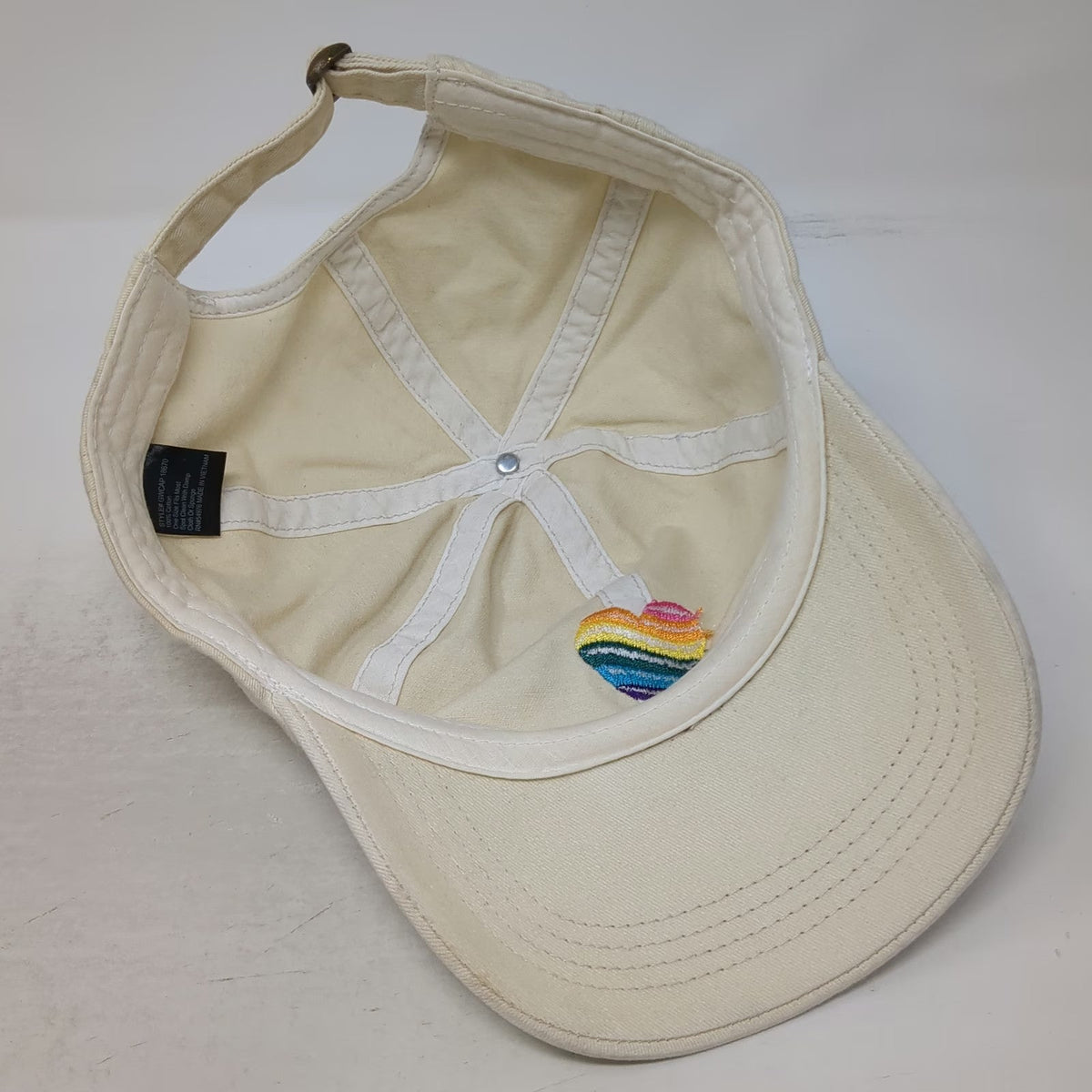 Beige Baseball Cap One Size Rainbow Heart Embroidery Slideback Hat Pink Blue