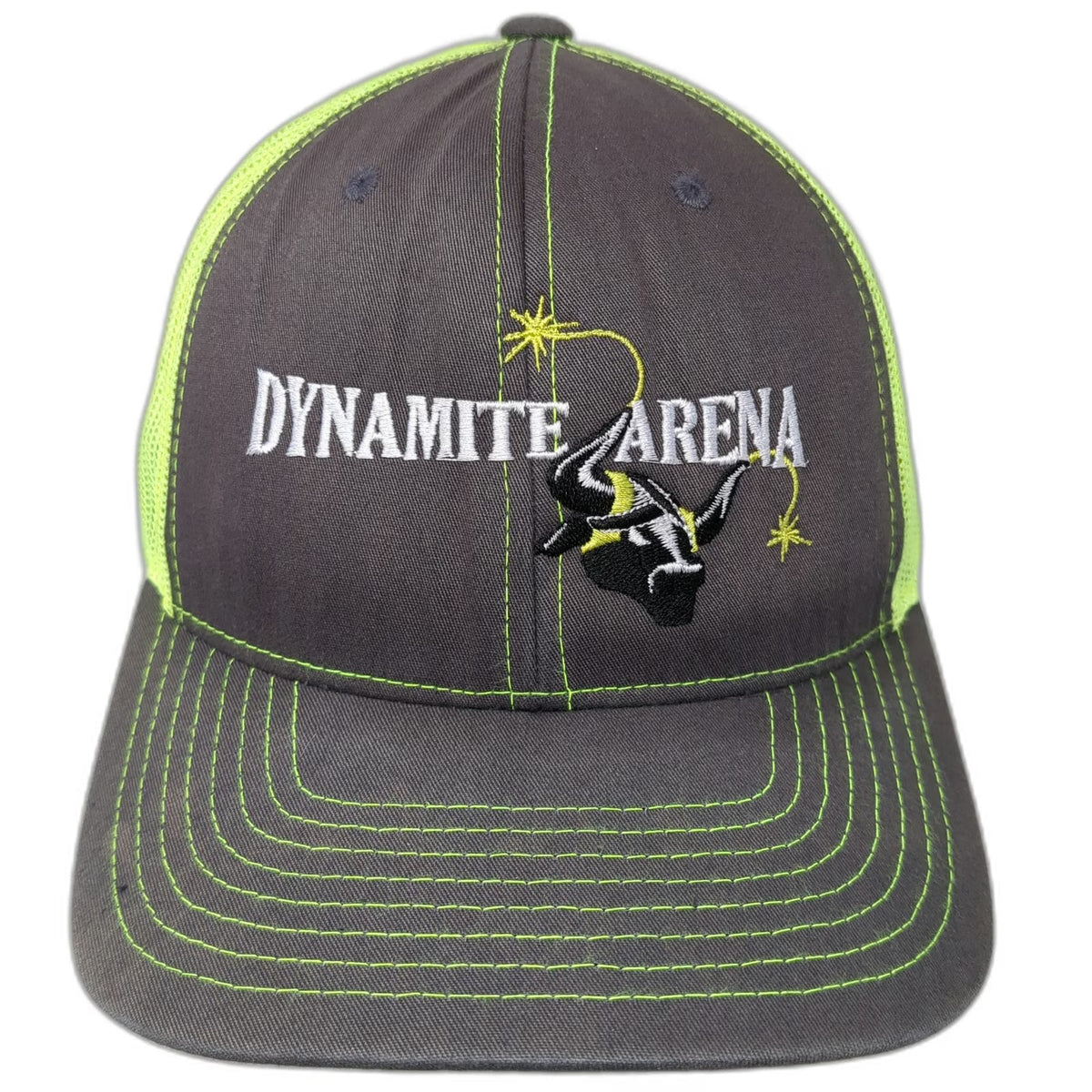Richardson Trucker Hat Gray One Size Dynamite Arena Bull Logo Yellow Mesh Back
