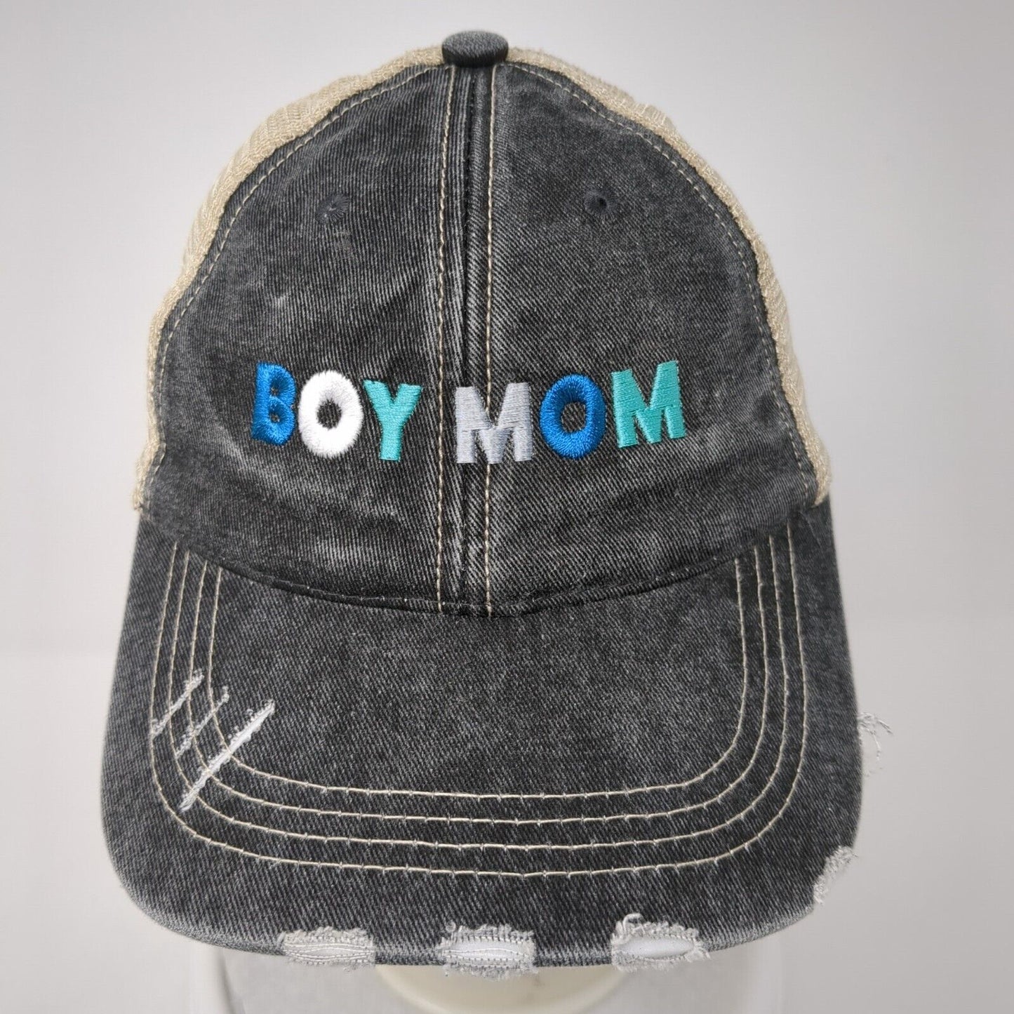 Boy Mom Strapback Trucker Hat Multicolor OS Adjustable Mesh Back Distressed