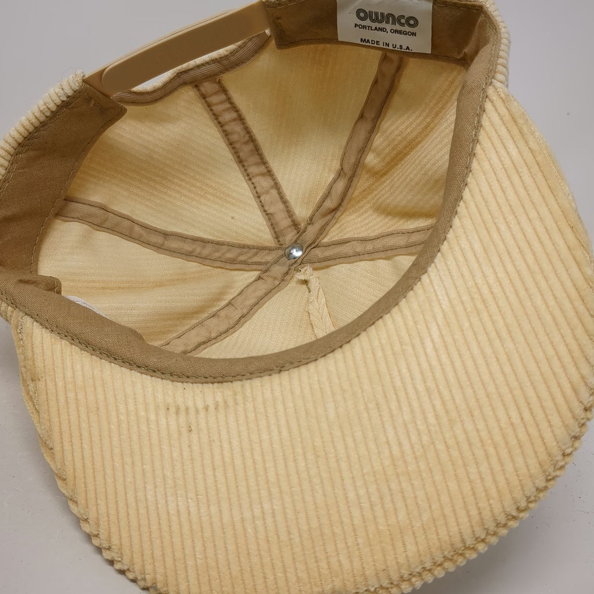 Ownco Boise Cascade 5 Panel Beige Hat OSFM Snapback Corduroy Made In USA Logo