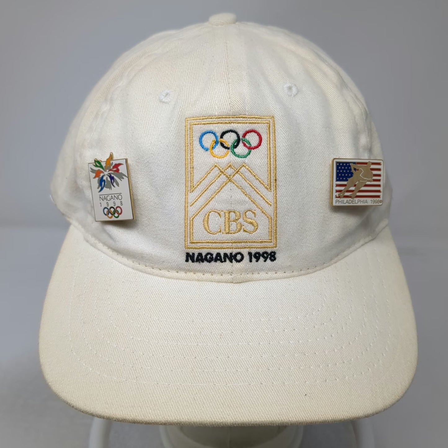 Nagano 1998 Olympics CBS Baseball Cap Beige OS Made in USA Pins Hat Vintage
