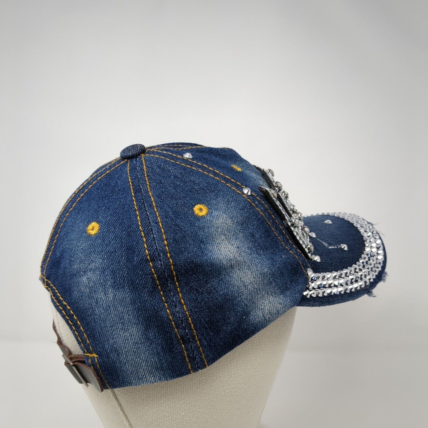LOVE Studded Slideback Hat Blue One Size Adjustable Denim Distressed Rhinestone
