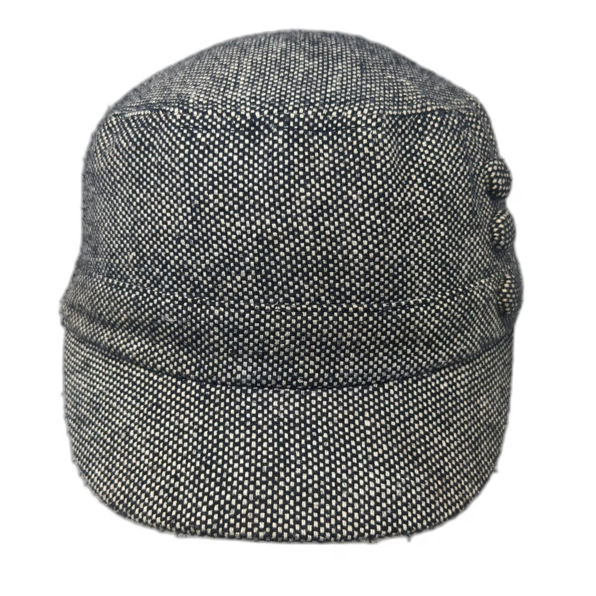 Army Cap Black White One Size Tweed Woven Fabric Side Buttons Cadet Hat