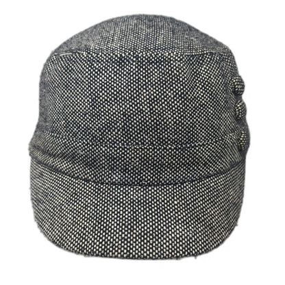 Army Cap Black White One Size Tweed Woven Fabric Side Buttons Cadet Hat