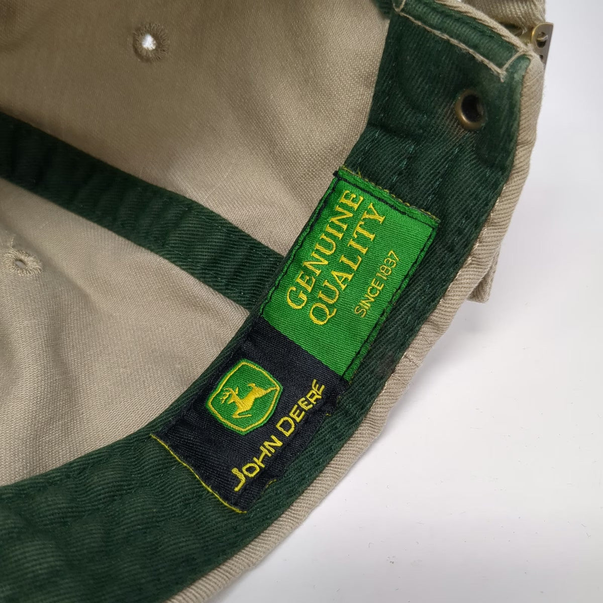 K-Products John Deere Baseball Cap Beige OSFM Hat Slideback Cotton Green Logo