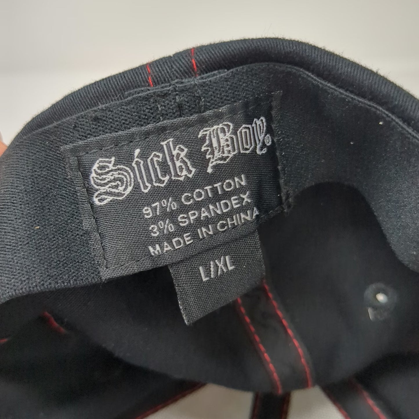 Sick Boy Baseball Cap Black Red XL Fitted Hat Contrast Stitching Gothic Logo
