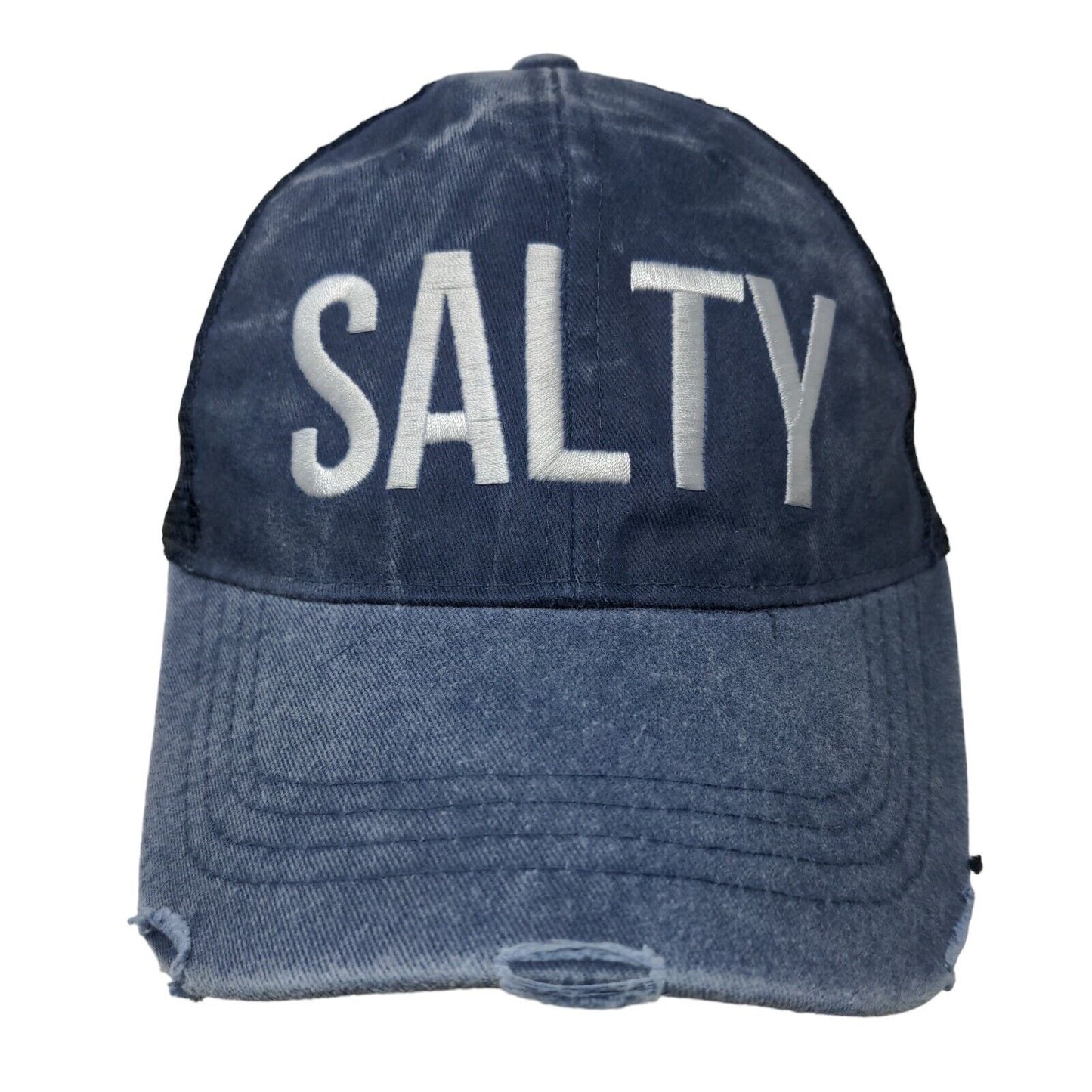 SALTY Snapback Trucker Hat Blue One Size Embroidered Mesh Back Distressed